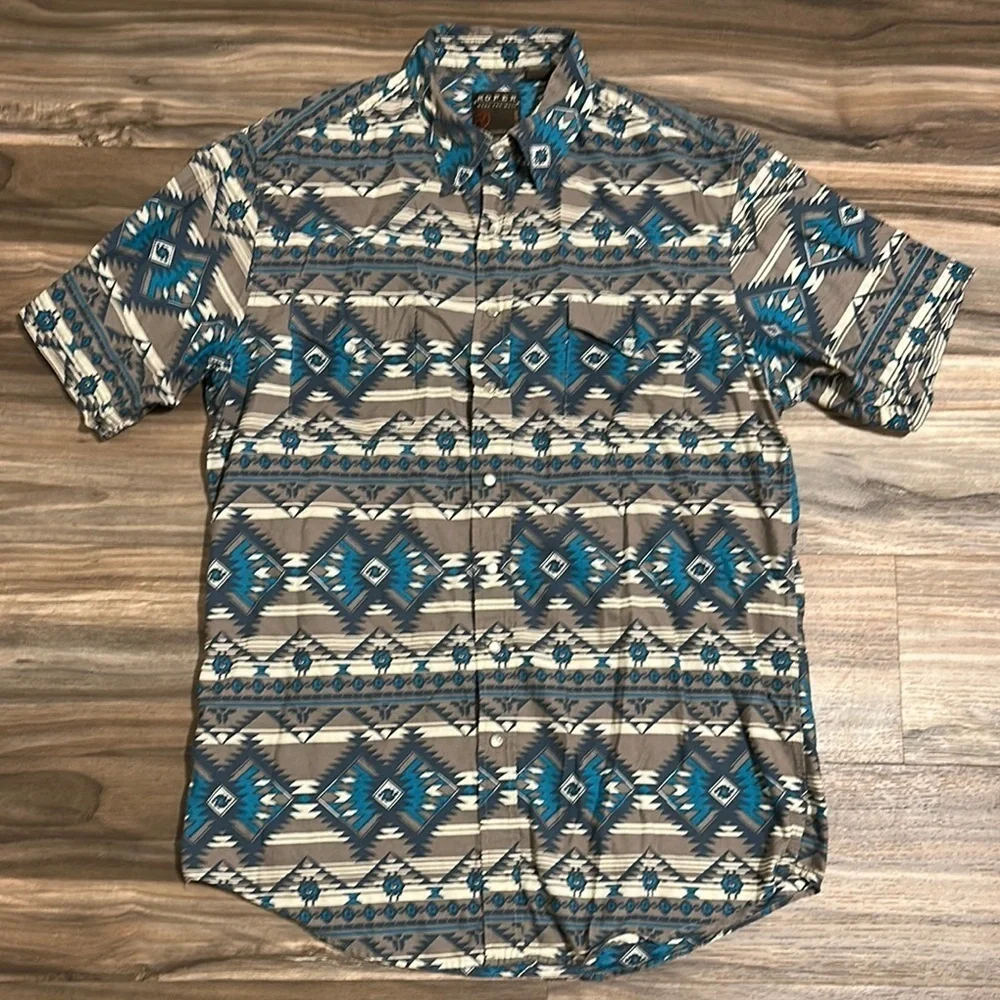 Roper Pearl Snap Short Sleeve Western Shirt Mens XL Blue Brown Aztec Print